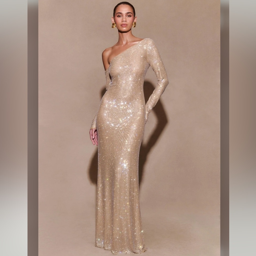 Meshki Marcia Diamanté Long Sleeve Maxi Dress - Nude